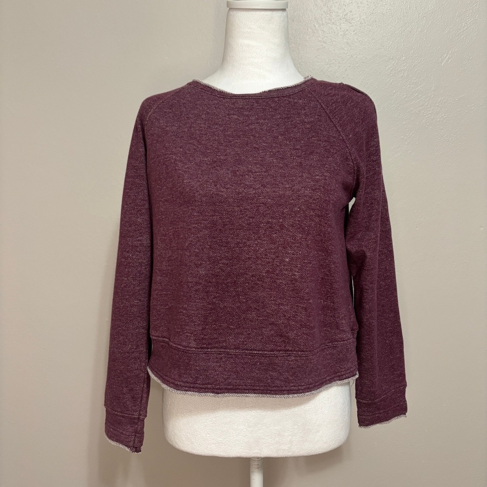 Rock & Republic Cropped Sweatshirt Burgundy Snap Shoulder Raw Rolled Hem Boxy S